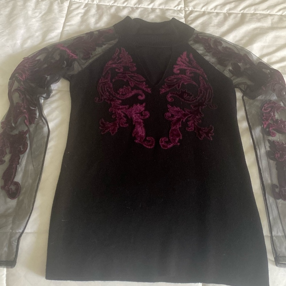 BLACK EVENING SWEATER WITH BLACK  MESH NET SLEEVES AND PEAK A BOO AT V OF NECK